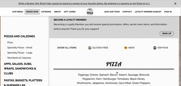 Ocean Deli Pizza’s digital menu with left-side navigation