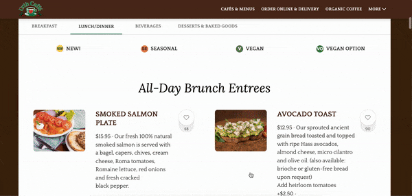 Urth Caffé’s interactive online menu with brunch dish photos