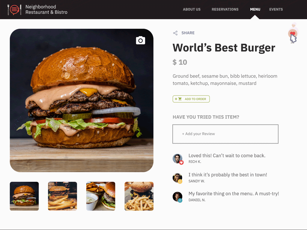 Interactive burger menu item with photos and guest reviews