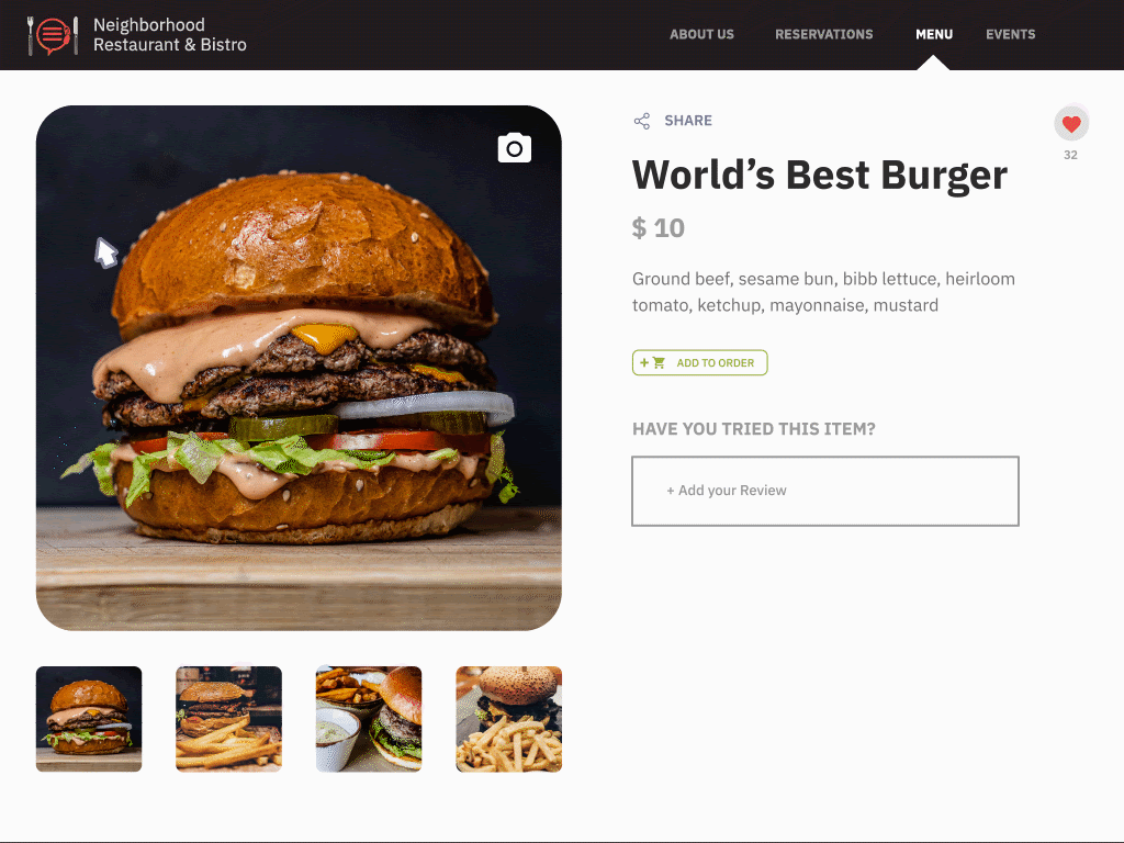 Interactive online menu page for a burger dish with photos and reviews