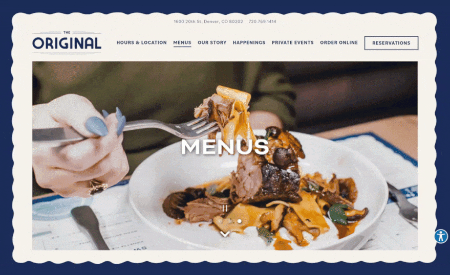 The Original Denver menu page with bold typography over a plated dish photo