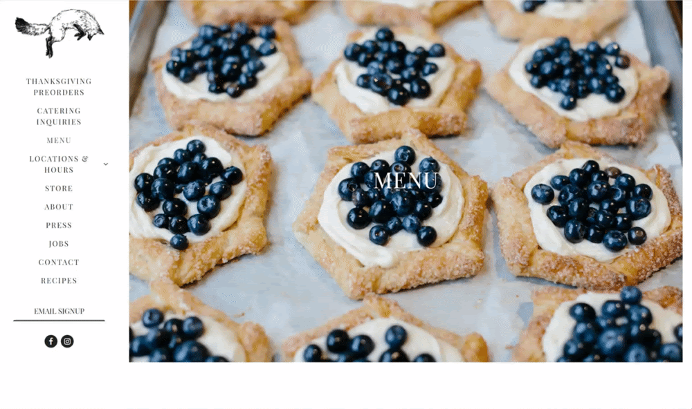 Fox In The Snow minimalist online menu page with a photo of blueberry pastries
