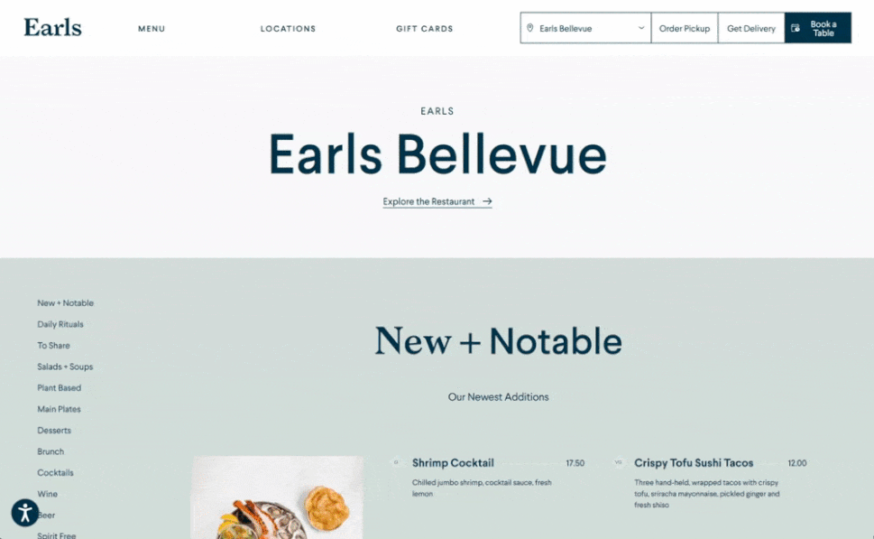Earls Kitchen online menu with pastel colors and a minimalist sans-serif layout