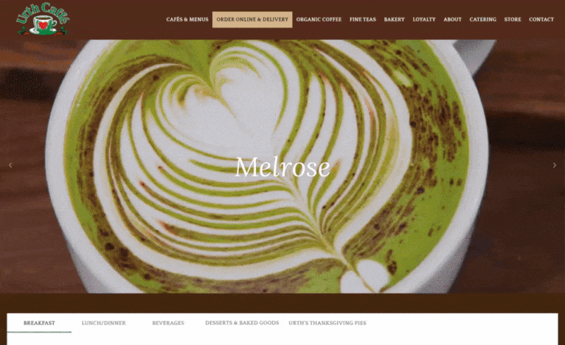 Urth Caffé online menu with a latte art photo and earthy green and brown tones