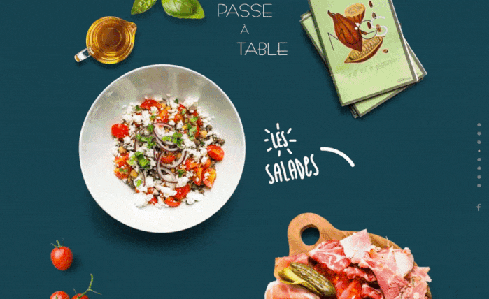 Le Mugs online menu with bold hand-drawn text and a salad photo on a dark teal background