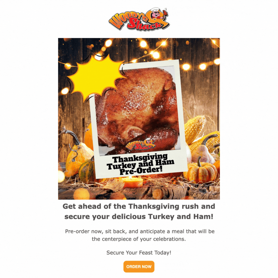 Woody’s Shack email promoting Thanksgiving turkey and ham pre-orders