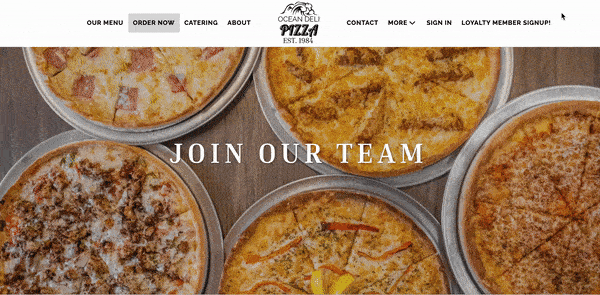 Restaurant website homepage with a “Join Our Team” careers banner